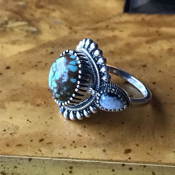 Natural White Buffalo Royston Blue Horizon Turquoise Sterling Silver Ring Size 8 - Picture 10 of 10